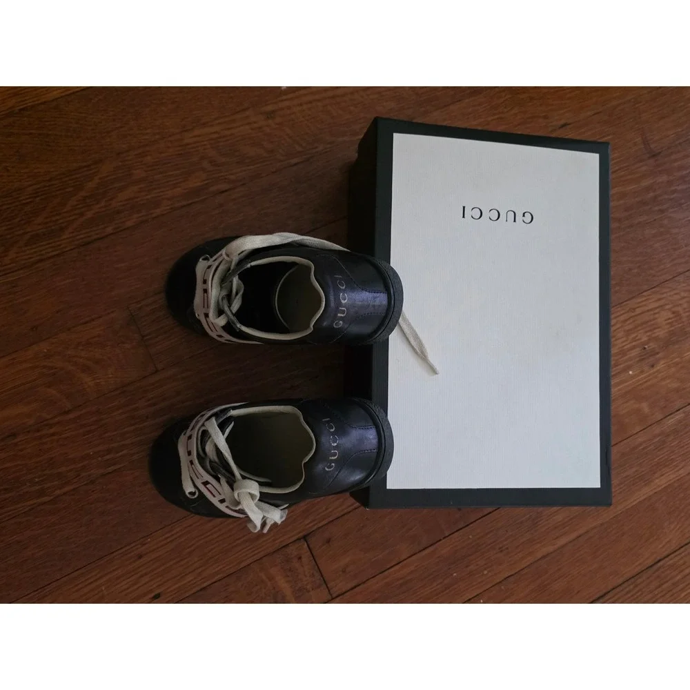 Gucci Ace Black Leather Logo Elastic Strap Sneakers Low Top Shoes‎ 523469